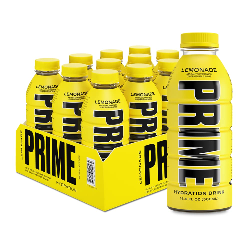 Prime Hydration Lemonade bottle front for on-the-go, refreshing hydration.