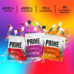 Prime Hydration Rapid Sticks Berry Citrus Rush in a glass with ice demonstrates instant hydration.