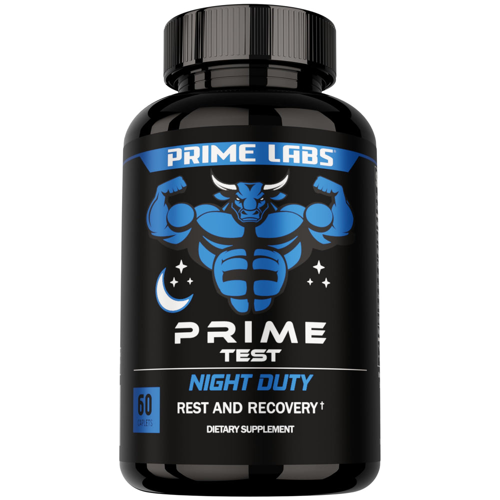 Prime Labs Night Duty bottle label highlights nighttime support and recovery benefits.