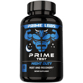 Prime Labs Night Duty bottle label highlights nighttime support and recovery benefits.