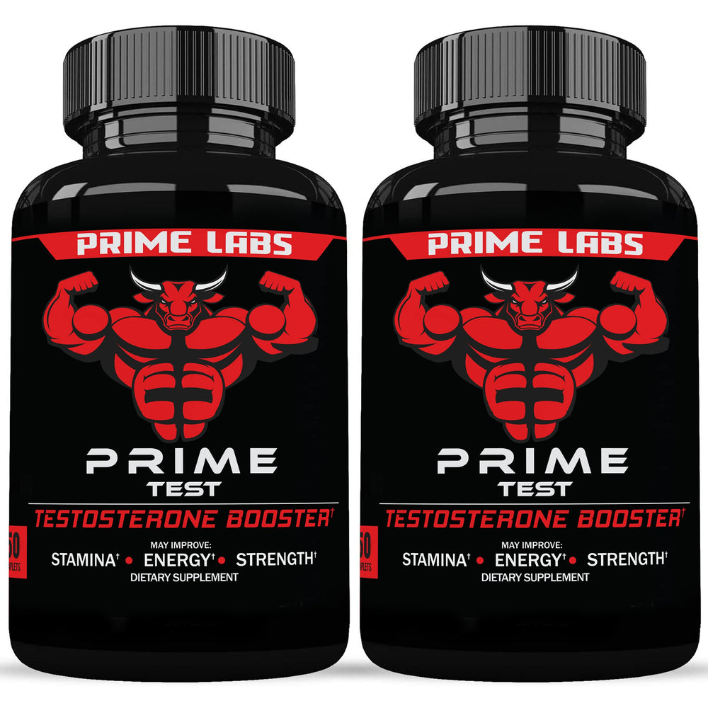 Prime Labs Prime Test bottle front showing the 120-caplet bottle for daily testosterone support.