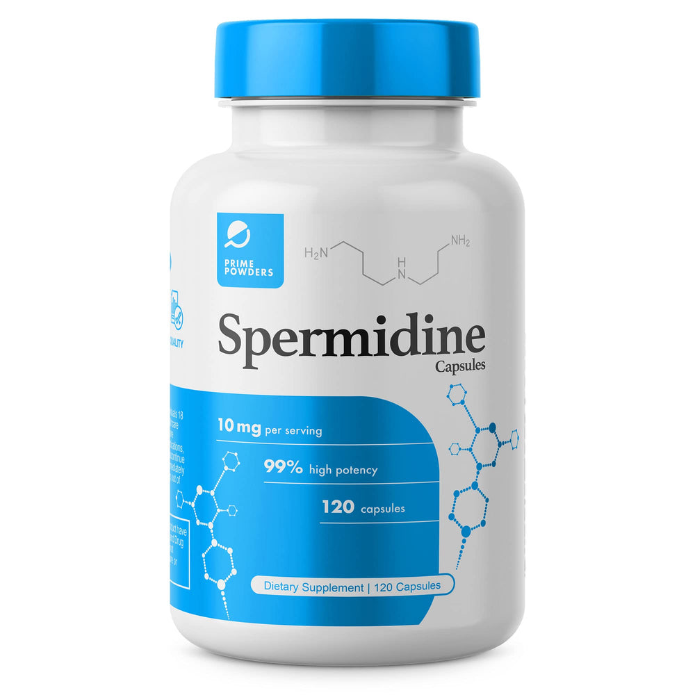 Prime Powders Spermidine capsules in glass bottle highlighting gluten-free, high purity.