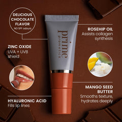 PrimeLip SPF 35 gloss on lips displays vibrant shine without stickiness.