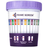 Prime Screen 14-panel urine test cup with clear home screening results.