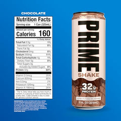 Prime Shakes Chocolate nutrition label close-up showing calories and minimal sugar for mindful fueling