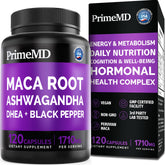 PrimeMD 6-in-1 Maca Ashwagandha capsules bottle for daily energy support.