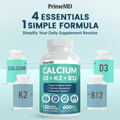 PrimeMD bottle label featuring D3 and K2 for calcium distribution.
