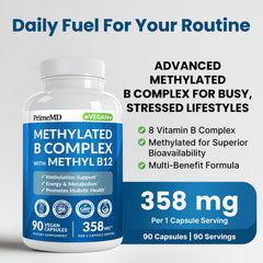Close-up of PrimeMD Methylated B Complex capsules ready for intake.