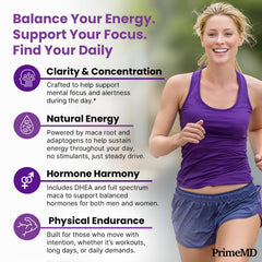 PrimeMD Organic maca root pills in a 120-count bottle.