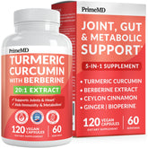 PrimeMD Turmeric Curcumin bottle highlighting 5-in-1 blend for joint and metabolic support.
