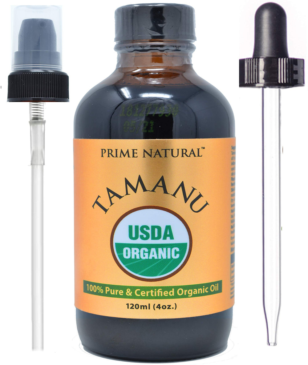 PRIME NATURAL Tamanu Oil bottle with pump for easy facial hydration.
