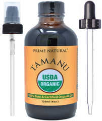 PRIME NATURAL Tamanu Oil bottle with pump for easy facial hydration.