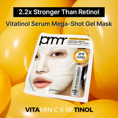 Primera PRMR Vitatinol Serum Gel Mask bottle and mask on plate shows premium treatment.