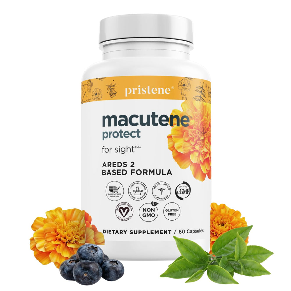 Pristene Macutene Protect bottle shows lab-tested quality and vegan eye support