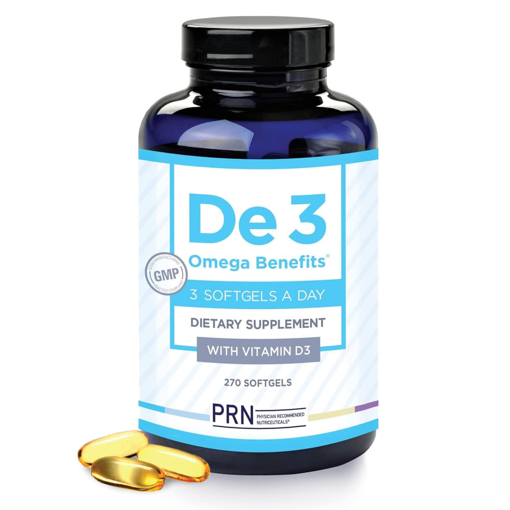 PRN De3 dry eye omega-3 bottle close-up for eye comfort.