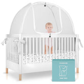 Pro Baby Safety crib tent setup diagram showing quick, tool-free installation.
