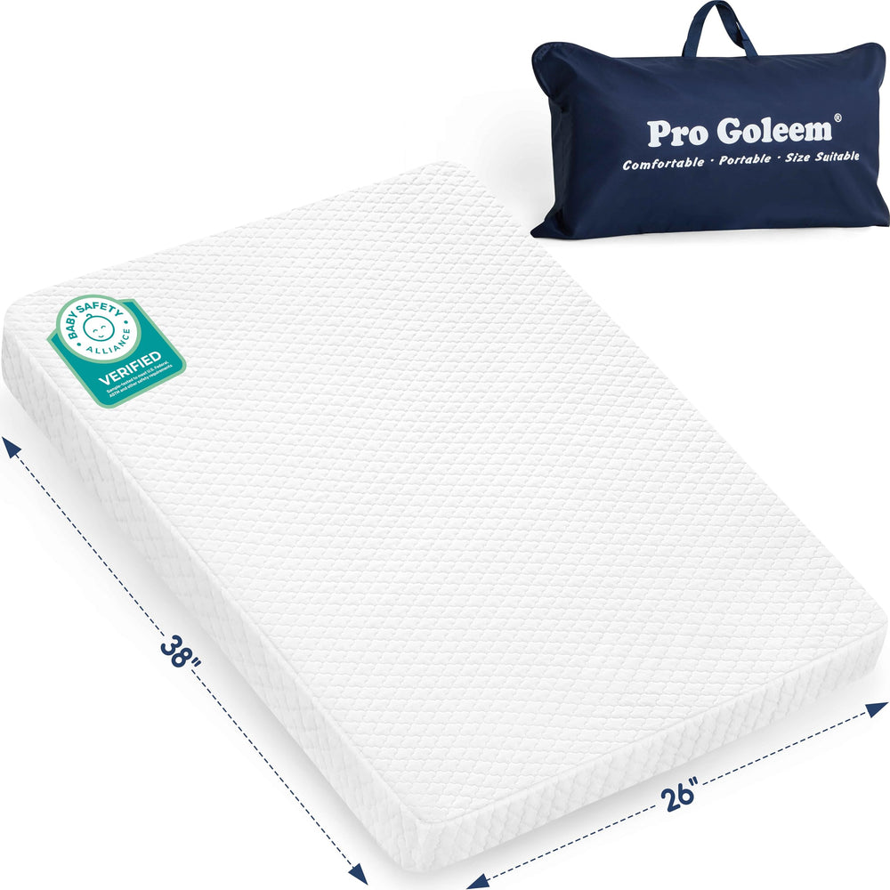 Pro Goleem Pack and Play mattress fits 38x26 with a secure edge for safety.