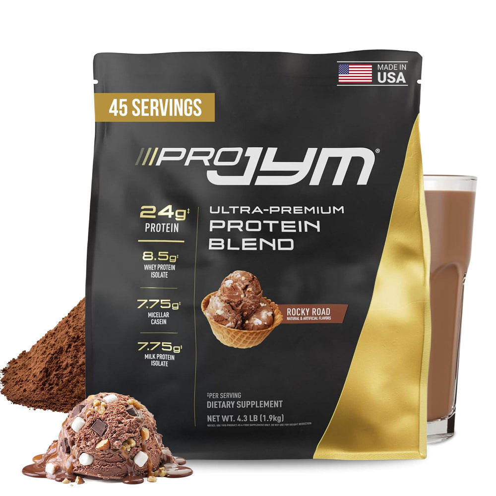 Pro JYM Rocky Road tub front shows four-protein blend for lean muscle support.