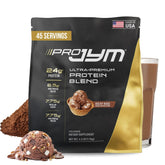 Pro JYM Rocky Road tub front shows four-protein blend for lean muscle support.