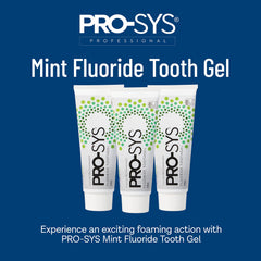 PRO-SYS Mint Fluoride Toothpaste Gel, back view, highlights ADA acceptance and product details.