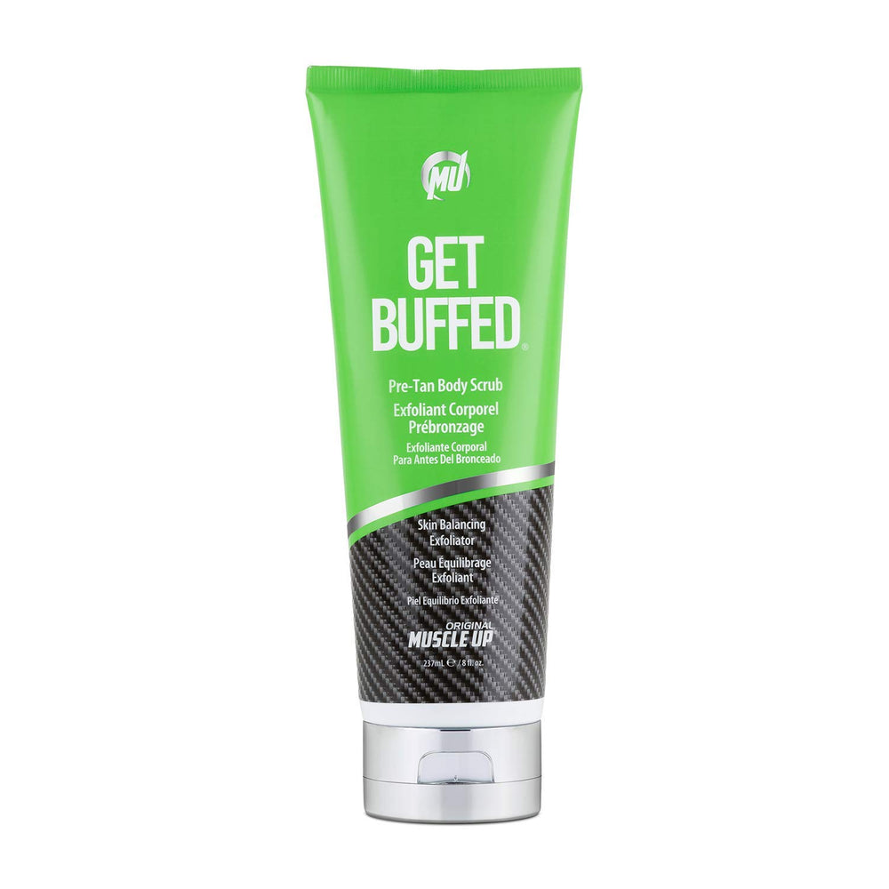 Pro Tan Get Buffed bottle shows tropical mango papaya scent for smooth skin prep.
