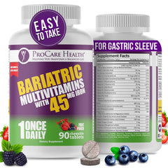 ProCare Health bariatric multivitamin fruit punch bottle front, easy-to-chew post-surgery nutrition.