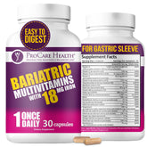ProCare Health bariatric multivitamin bottle with iron 18 mg supports post-op nutrition.