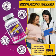 Nutrition label on ProCare Health bariatric multivitamin highlights essential vitamins and minerals.