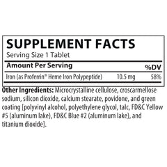 Proferrin ES tablets close-up shows high absorption heme iron polypeptide.