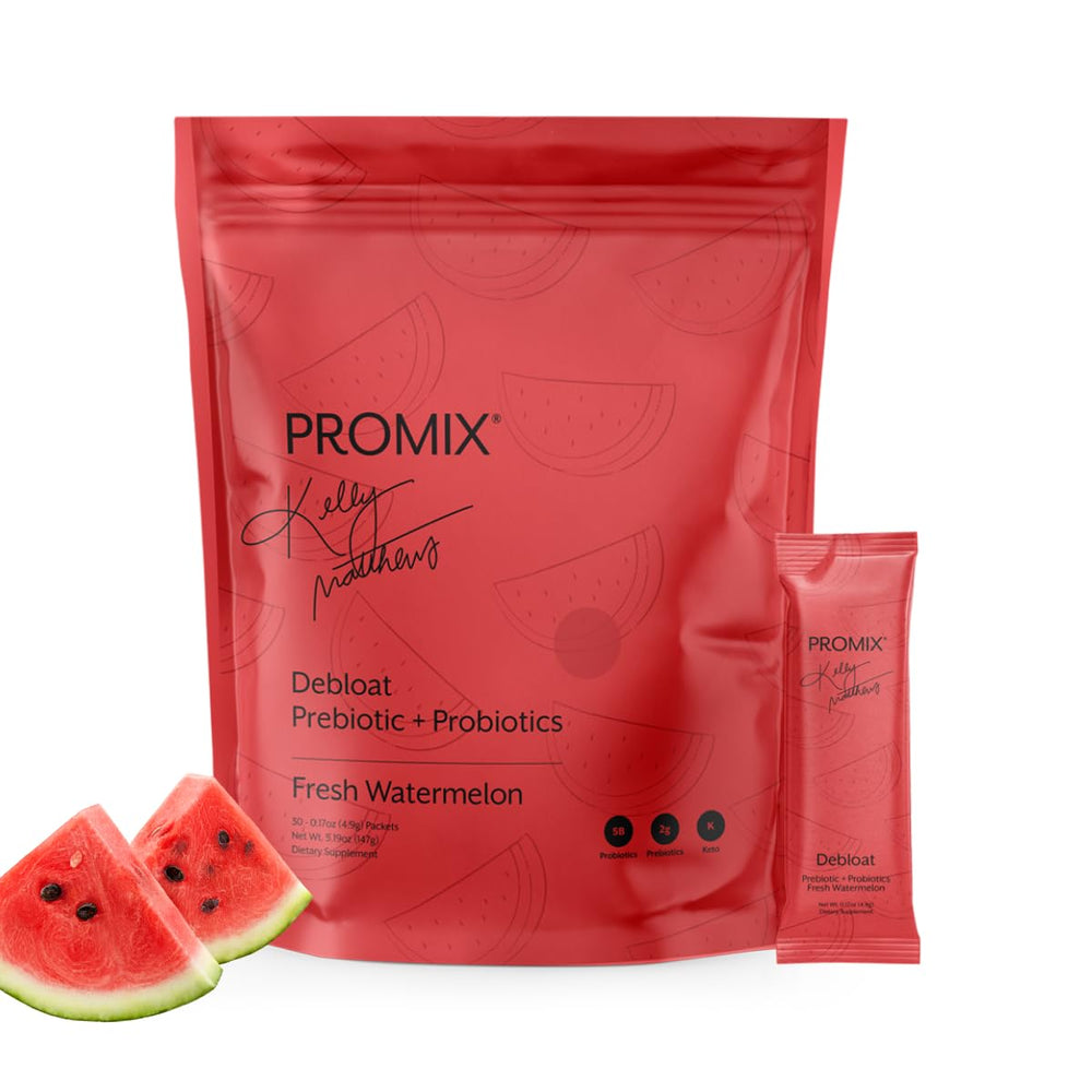 ProMix Nutrition Debloat bottle front shows watermelon flavor and serving details for daily use.