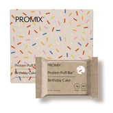 Promix Nutrition Protein Puff Bars Birthday Cake box on a clean surface; gluten-free, high-protein snack.