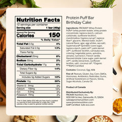 Promix Protein Puff Bars Birthday Cake packaging close-up with gluten-free, high-protein notes.