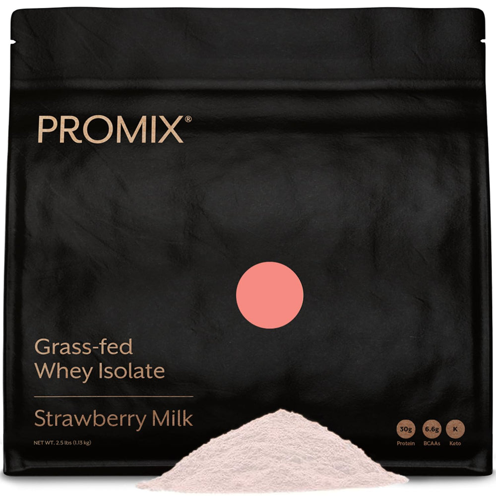 Promix Whey Isolate bottle front shows strawberry flavor for post-workout shakes.
