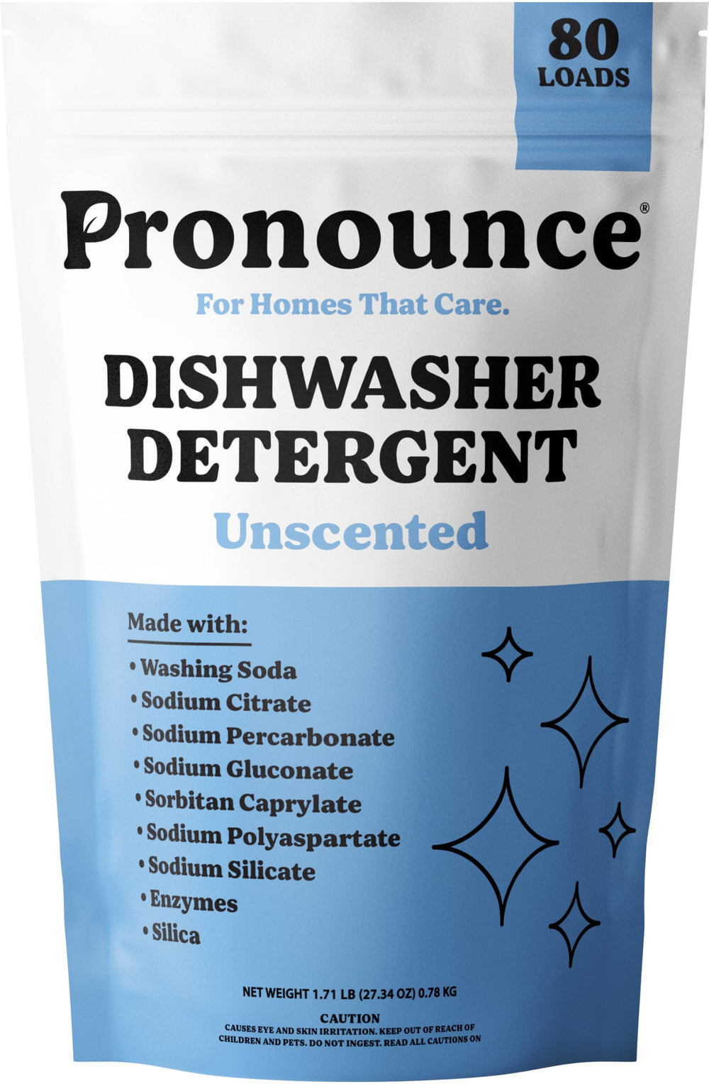 Pronounce dishwasher detergent powder packaging shown for efficient kitchen use.