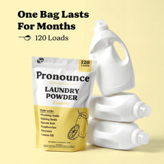 Pronounce Laundry Powder scented bottle—therapeutic essential oils for a fresh, natural aroma.