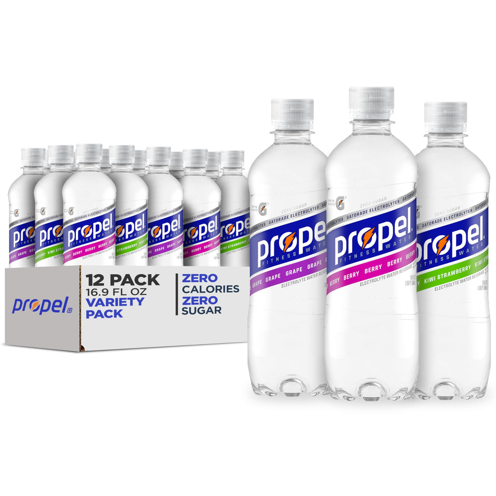 Propel 3 flavor variety pack bottles 16oz ready for on-the-go hydration.