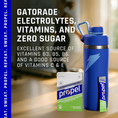 Propel electrolyte packets being poured into water for hydration.