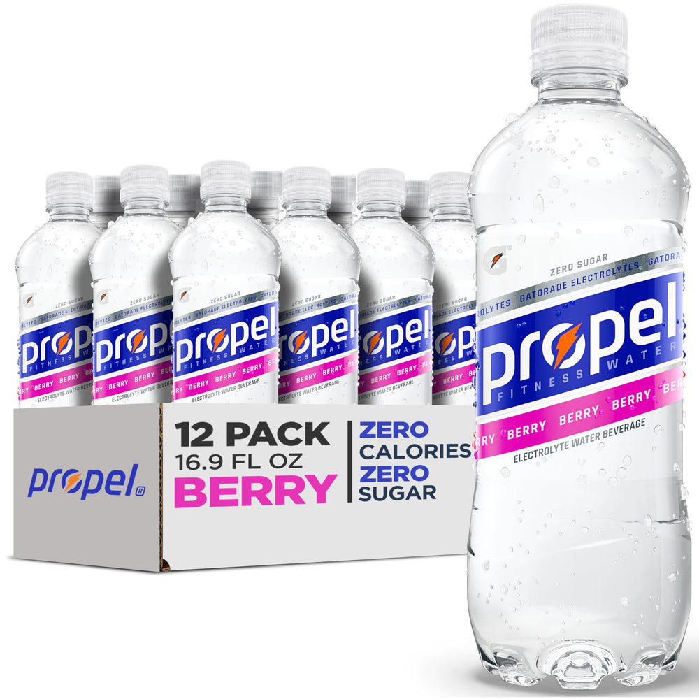 Propel Berry Electrolyte Water front label highlights zero calories and hydration for active days.