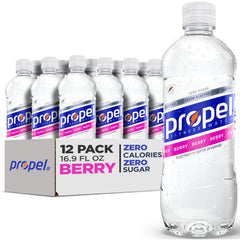 Propel Berry Electrolyte Water front label highlights zero calories and hydration for active days.