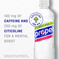 Close view of Propel Energy Boost Raspberry Green Tea label with caffeine and vitamins highlighted.