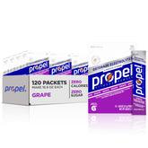 Propel grape box with packets showing zero-calorie hydration for workouts.