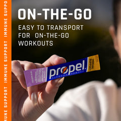 Propel Immune Support Orange Raspberry IS packet, vibrant flavor for workouts.