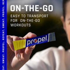 Close-up of Propel lemon packet, compact and portable for easy on-the-go hydration