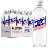 Propel Peach zero calorie water bottle front for workout hydration