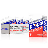 Propel Watermelon packets in a box for zero-calorie hydration during workouts.