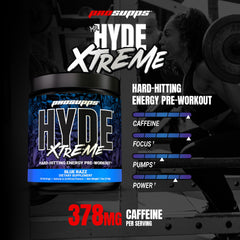 Prosupps Mr. Hyde Xtreme blue razz scoop-dispense shows quick mix readiness
