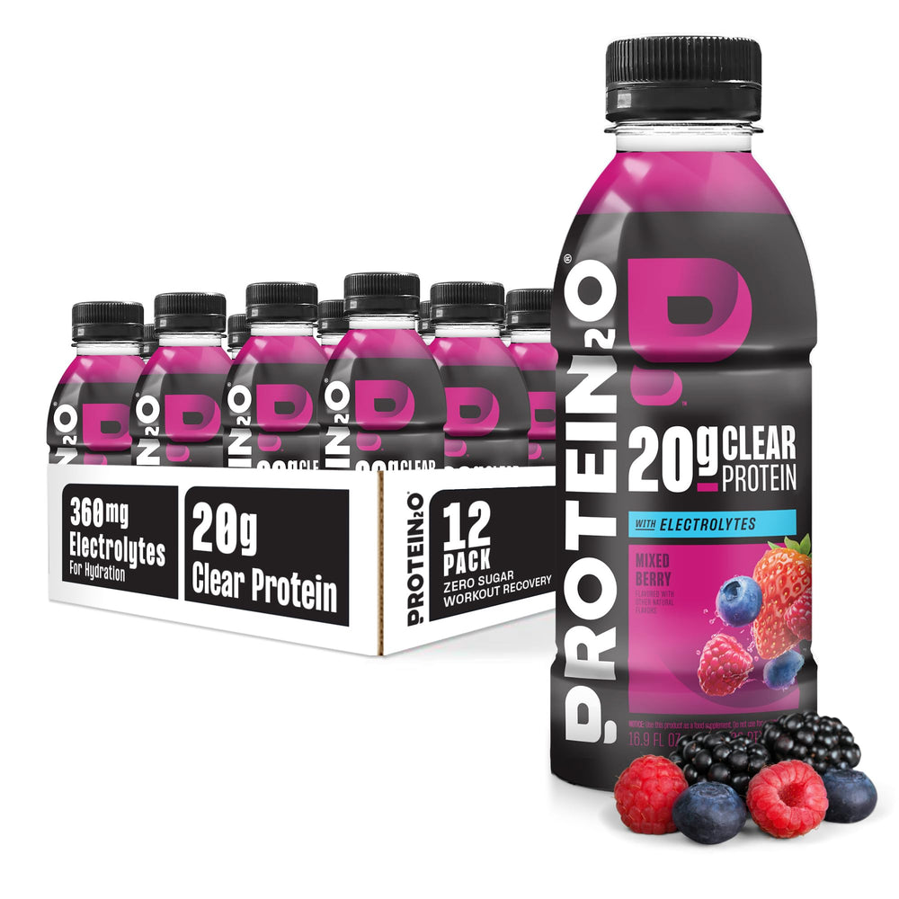 Protein2o clear protein water bottle pour showcasing refreshing hydration and 20g whey protein.