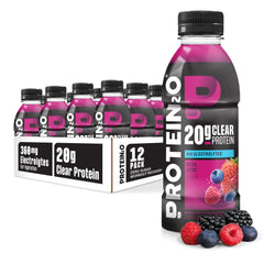 Protein2o clear protein water bottle pour showcasing refreshing hydration and 20g whey protein.