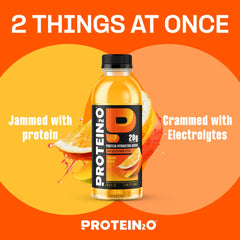 Protein2o Orange Mango bottle back reveals nutrition facts and electrolyte content.