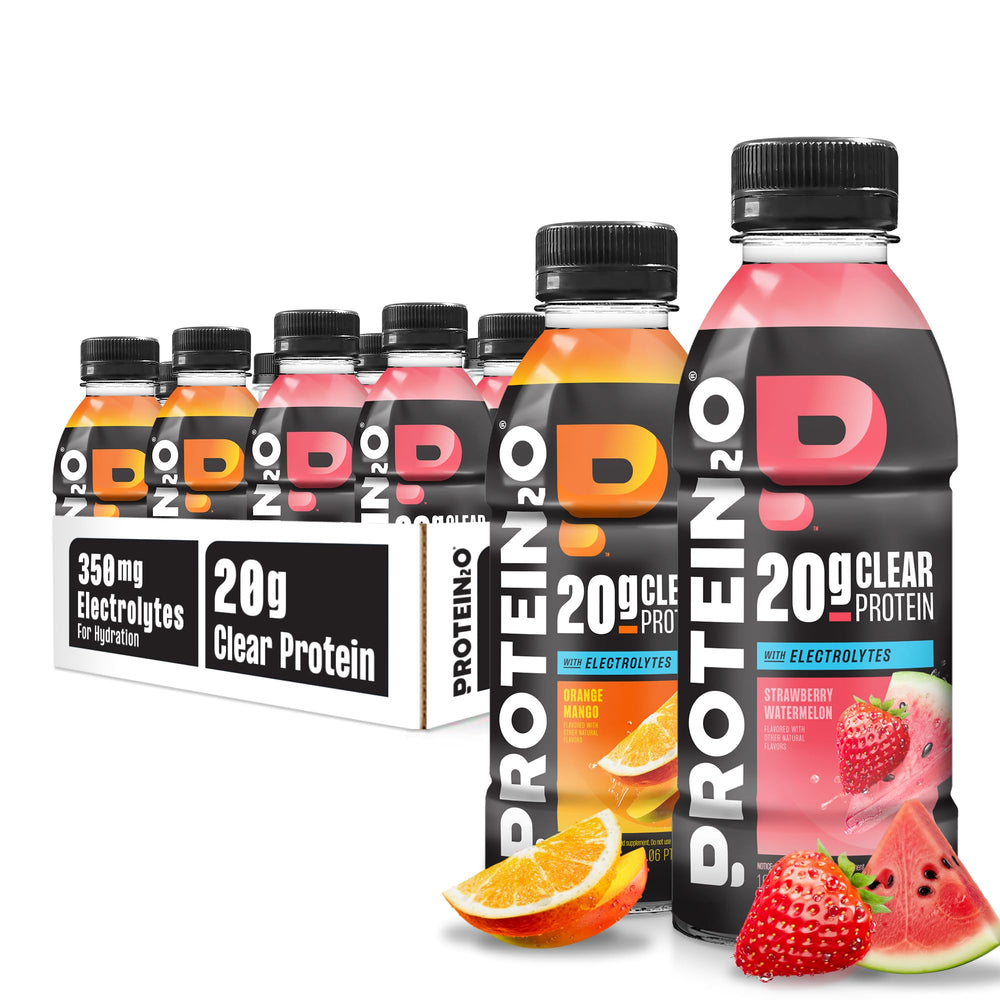 Protein2o orange mango bottle pour shows refreshing hydration with 20g protein.